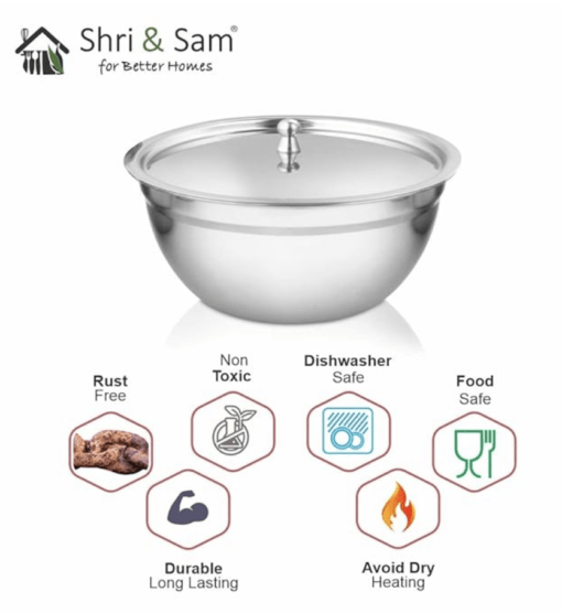 Shri & Sam Stainless Steel Serving Bowl with Stainless Steel Lid, 3 Pieces, Silver (Tezon) - Image 2